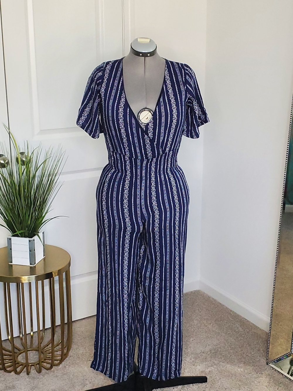 Derek Heart Women's V-Neck Jumpsuit, Blue/White (Size S)